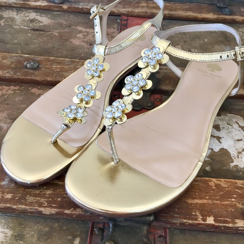 Kate Spade T-Strap Gold Sandals Jeweled Flowers